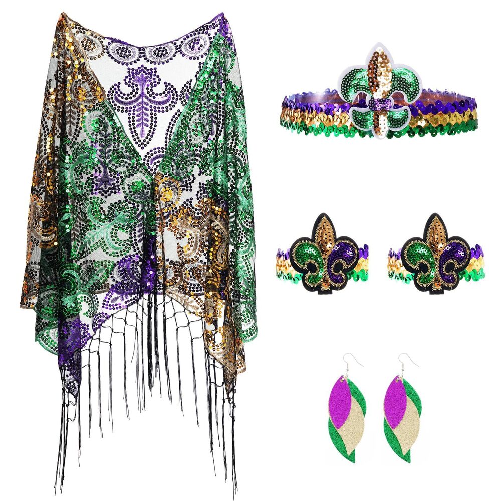 9691 5pcs Mardi Gras Shawl Scarf Costume Set With Sequin